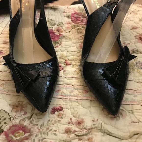 NWT $120 kate spade | Slingback Leather Heels With Bows in Black | Size 8B - Picture 1 of 14